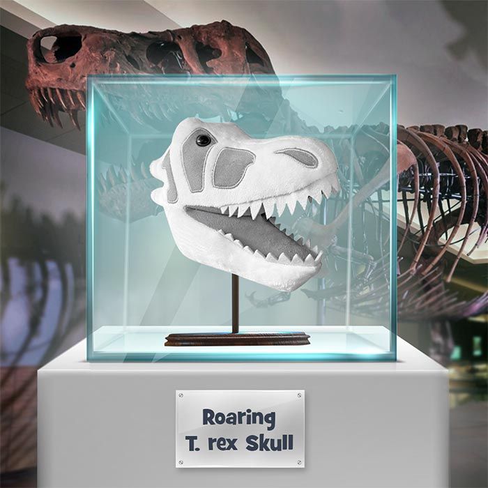 Roaring T. rex plush in glass