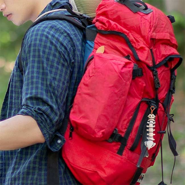 Man with spine key chain on backpack